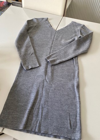 Gri V Yaka Uzun Kollu Triko Elbise - Görsel 2