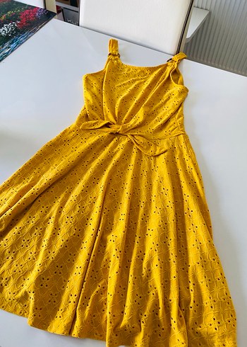 Sarı Nakışlı Dantelli elbise - Görsel 6