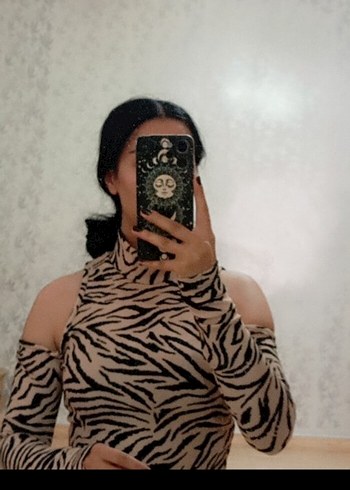 s Beden kahverengi Renk Zebra Desenli Balıkçı Yaka Kadın Bluz