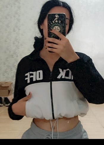s Beden Siyah Beyaz Fermuarlı Mini Sweatshirt