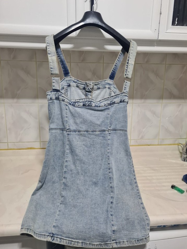 Düğmeli Kolsuz Jean Mini Elbise - Görsel 2