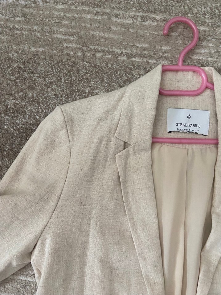 Bej Keten Kadın Midi Blazer Ceket - Görsel 2