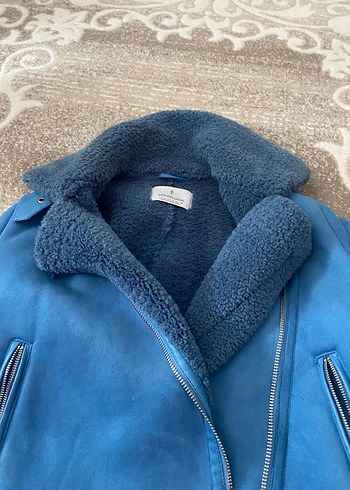 Kadın Mavi Süet Kürklü Kısa Ceket - Görsel 3
