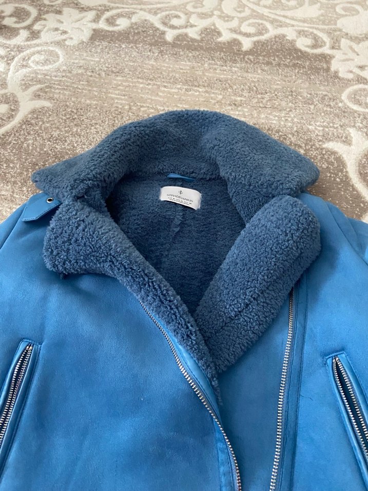 Kadın Mavi Süet Kürklü Kısa Ceket - Görsel 3