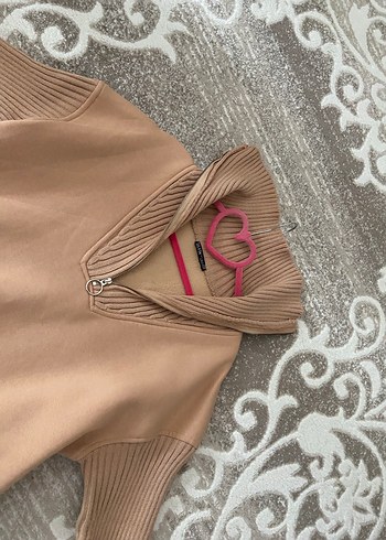 Bej Kadın Triko Kapüşonlu Sweatshirt - Görsel 3