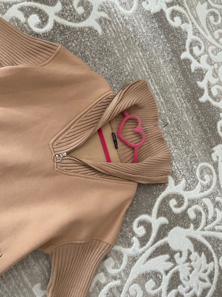 Bej Kadın Triko Kapüşonlu Sweatshirt - Görsel 3