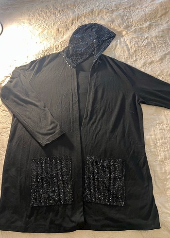 Siyah Uzun Kollu Kapüşonlu payetli pullu Kadın sabahlık  &giyim - Görsel 2