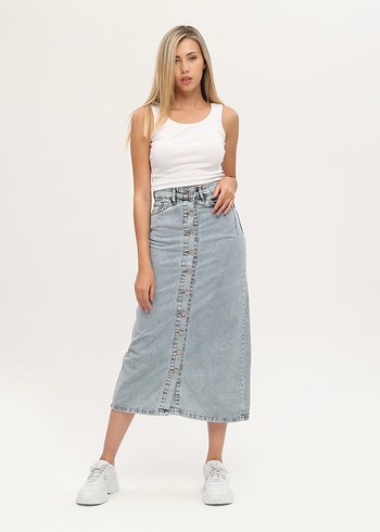 Diğer Düğmeli Uzun Gri Denim Etek