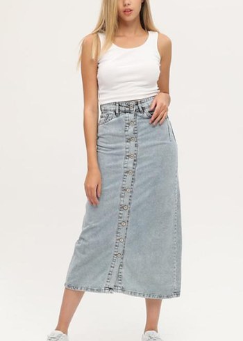 Düğmeli Uzun Gri Denim Etek