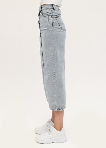 diğer Beden Düğmeli Uzun Gri Denim Etek