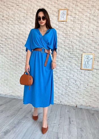 Mavi V Yaka Kemerli Uzun Rahat Elbise