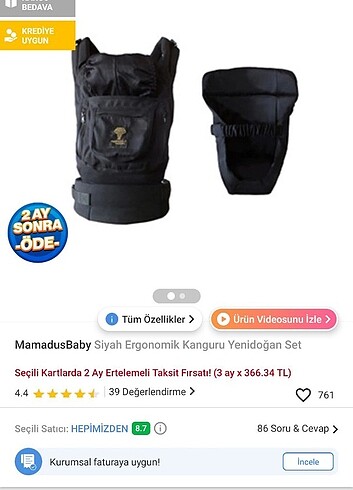 Diğer Siyah Ergonomik Kanguru Yenidoğan Set