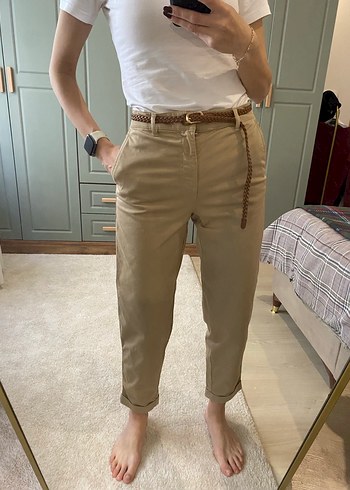 Bej Kemerli Kadın Keten Pantolon - Görsel 2