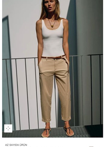 Zara Bej Kemerli Kadin Keten Pantolon