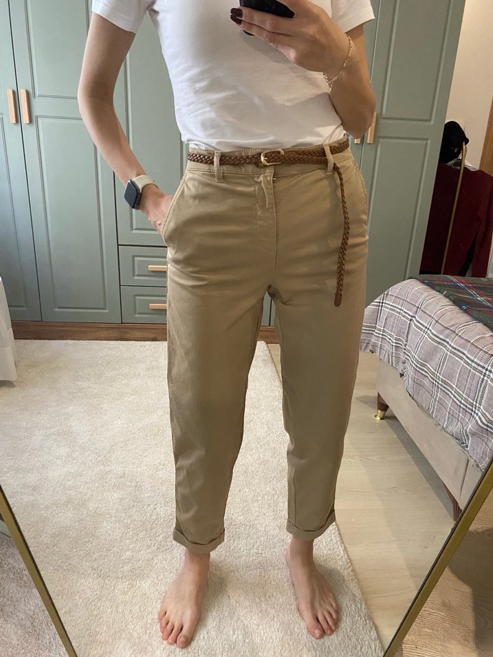 Bej Kemerli Kadın Keten Pantolon - Görsel 2