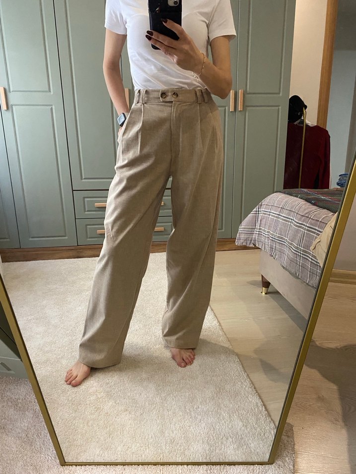 Bej Keten Salaş Midi Kadın Pantolon - Görsel 2