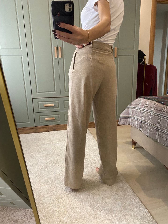 Bej Keten Salaş Midi Kadın Pantolon - Görsel 3