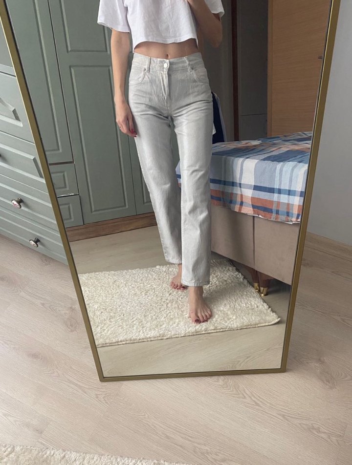 Beyaz Parlak Metalik Kadın Kot Pantolon - Görsel 3