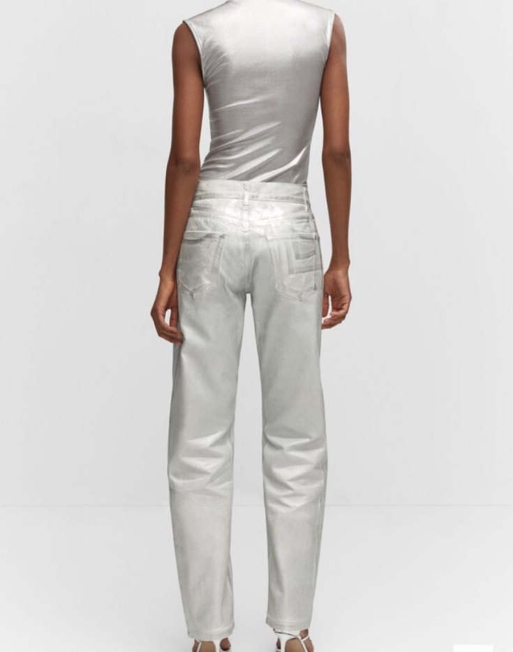 Beyaz Parlak Metalik Kadın Kot Pantolon - Görsel 2