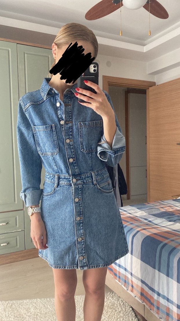 Düğmeli Mavi Denim Elbise - Görsel 2