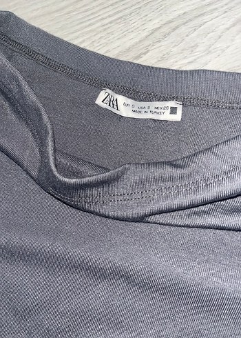 Zara Zara Gri Keten Kısa Kollu Kadın Bluz