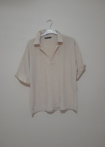 Bej Keten Kısa Kollu Kadın Gömlek - Görsel 3