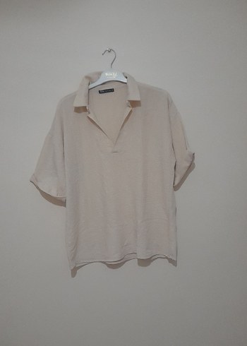 Bej Keten Kısa Kollu Kadın Gömlek - Görsel 2