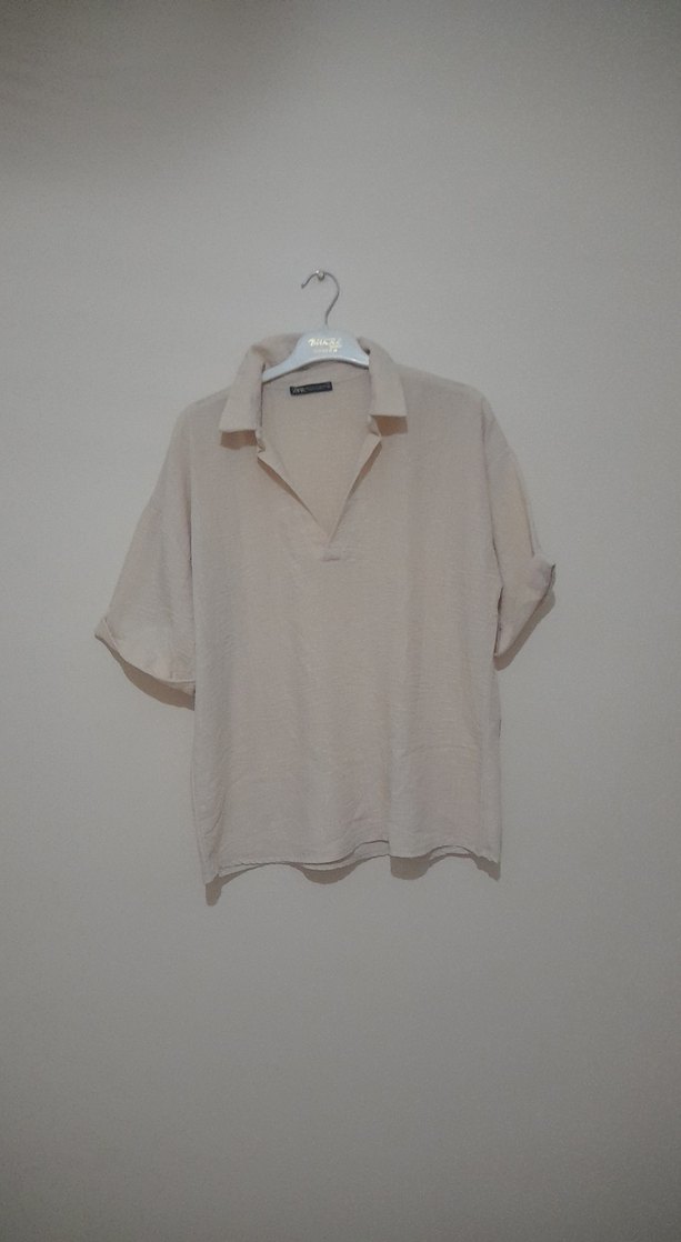 Bej Keten Kısa Kollu Kadın Gömlek - Görsel 3