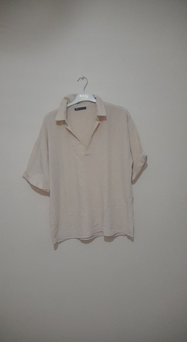 Bej Keten Kısa Kollu Kadın Gömlek - Görsel 2