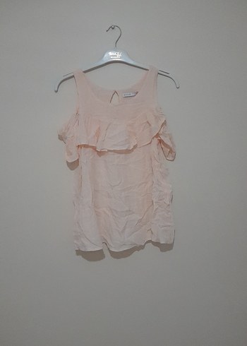 Pembe Keten Mini Volanlı Askısız Bluz - Görsel 2