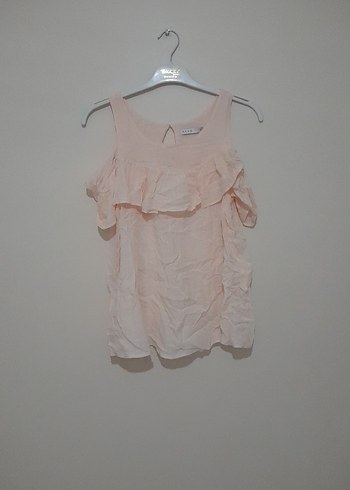 Pembe Keten Mini Volanlı Askısız Bluz - Görsel 3