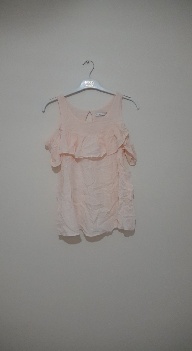 Pembe Keten Mini Volanlı Askısız Bluz - Görsel 2