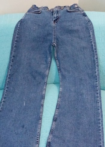 Düğmeli Gri Bol Kesim Midi Kot Pantolon - Görsel 3