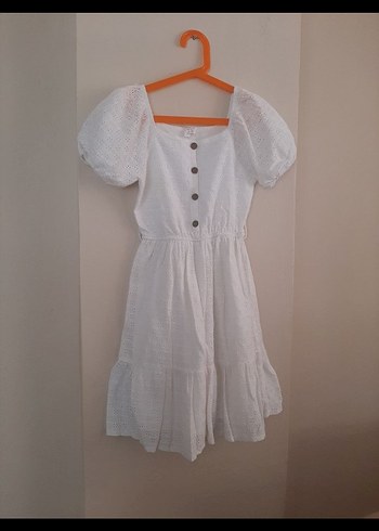 Kız Çocuk Beyaz Nakışlı Pamuk Elbise - Görsel 2