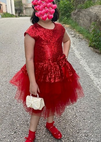 Kız Çocuk Parlak Kırmızı Fırfırlı Elbise - Görsel 3