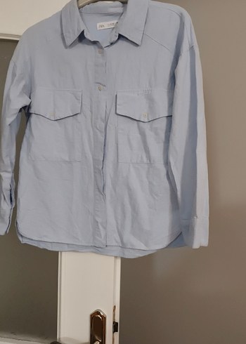 Mavi Keten Kadın Gömlek, Düğmeli, Uzun Kollu zara 11/12 yas - Görsel 3