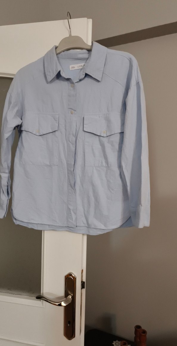 Mavi Keten Kadın Gömlek, Düğmeli, Uzun Kollu zara 11/12 yas - Görsel 3