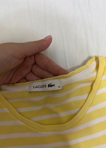 Lacoste Sarı Beyaz Çizgili Kısa Kollu ORJİNAL LACOSTE Tişört