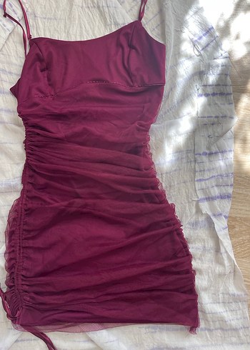 Bordo Drapeli Straplez Mini Elbise