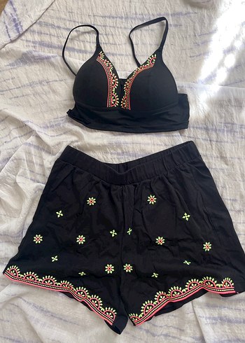 Nakışlı Siyah Bohem Mini Şort Takım