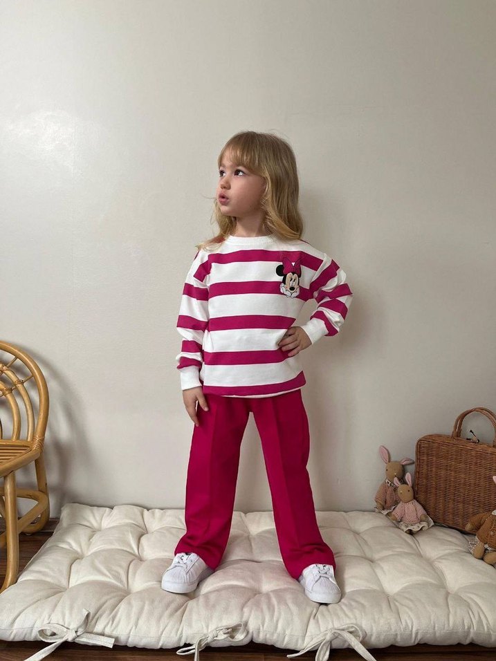 Pembe Çizgili Kız Çocuk Sweatshirt ve Eşofman - Görsel 2