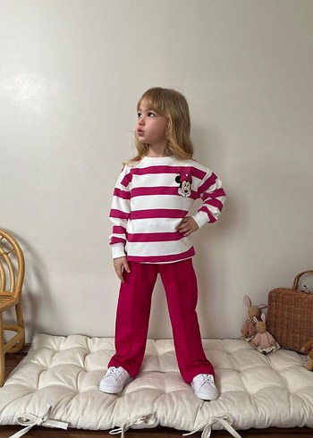 Kız Çocuk Pembe Çizgili Sweatshirt ve Pantolon - Görsel 2