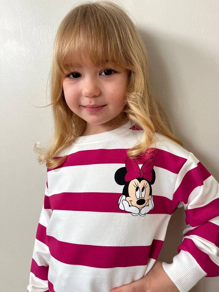 Kızlar İçin Pembe Çizgili Salaş Sweatshirt ve Eşofman - Görsel 2