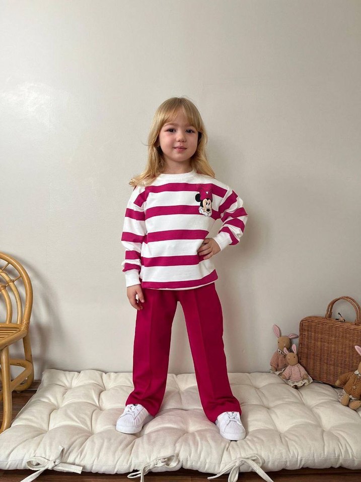 Kız Çocuk Pembe Çizgili Triko Sweatshirt ve Rahat Eşofman - Görsel 2