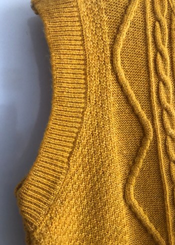 Hardal rengi Örgü V Yaka Kadın Süveter - Görsel 3