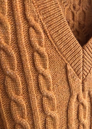 Hardal rengi Örgü V Yaka Kadın Süveter - Görsel 2