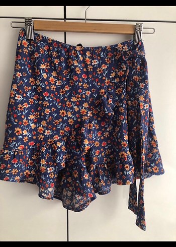 Mavi Çiçekli Fırfırlı Mini Etek - Görsel 2