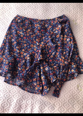 Mavi Çiçekli Fırfırlı Mini Etek - Görsel 4