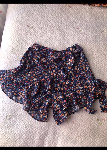 Mavi Çiçekli Fırfırlı Mini Etek - Görsel 5