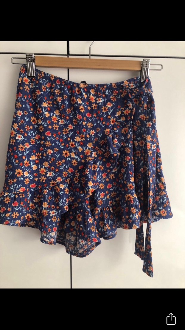 Mavi Çiçekli Fırfırlı Mini Etek - Görsel 2